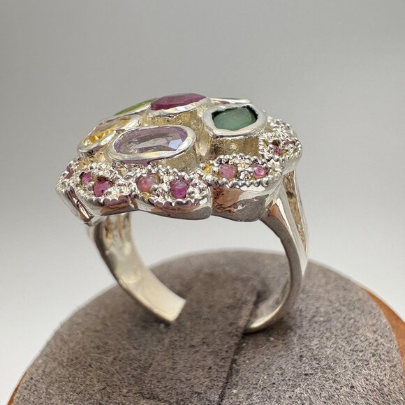 VTG Sterling Silver 925 Citrine Peridot Multi-Stone Statement Ring Size 8.5 - Picture 3 of 10